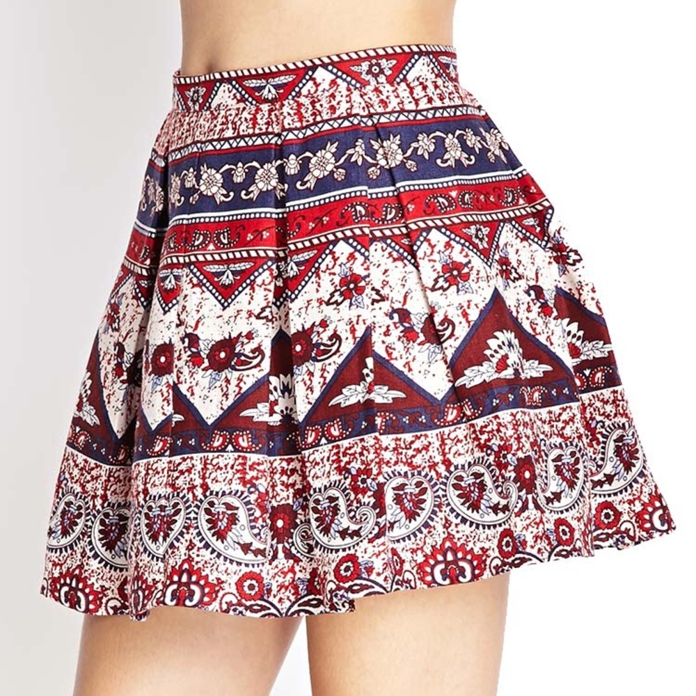 Folk Print Linen Flare Skirt (red/blue/white)